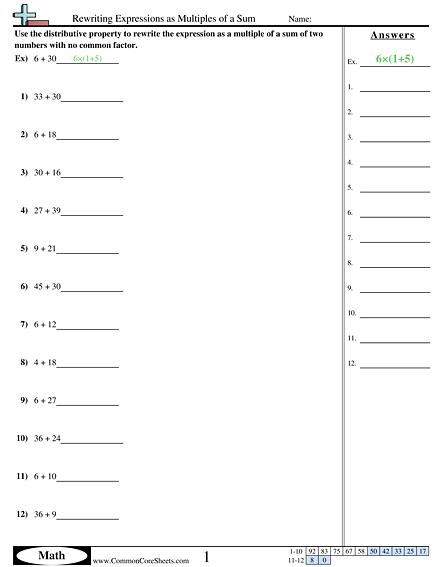 6.ns.4 Worksheets - Rewriting Expressions as Multiples of a Sum worksheet